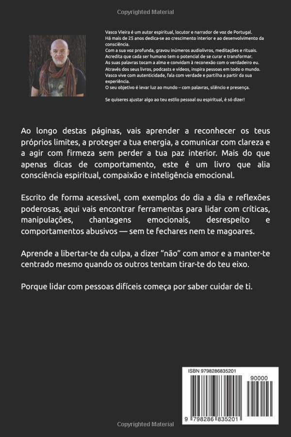 Contracapa do livro Como Lidar com Pessoas Difíceis, de Lobo de Luz (Vasco Vieira), com biografia do autor, resumo do conteúdo e código de barras ISBN.