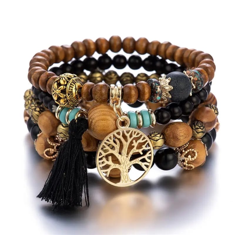 Lot de 3 bracelets avec perles en bois et médaille arbre de vie (prt)