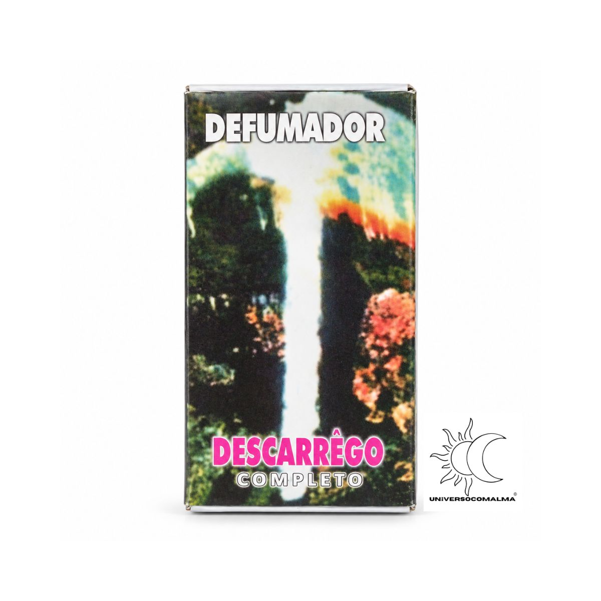 Frente da caixa do Defumador Descarrego Completo com imagem de cascata sobre fundo branco