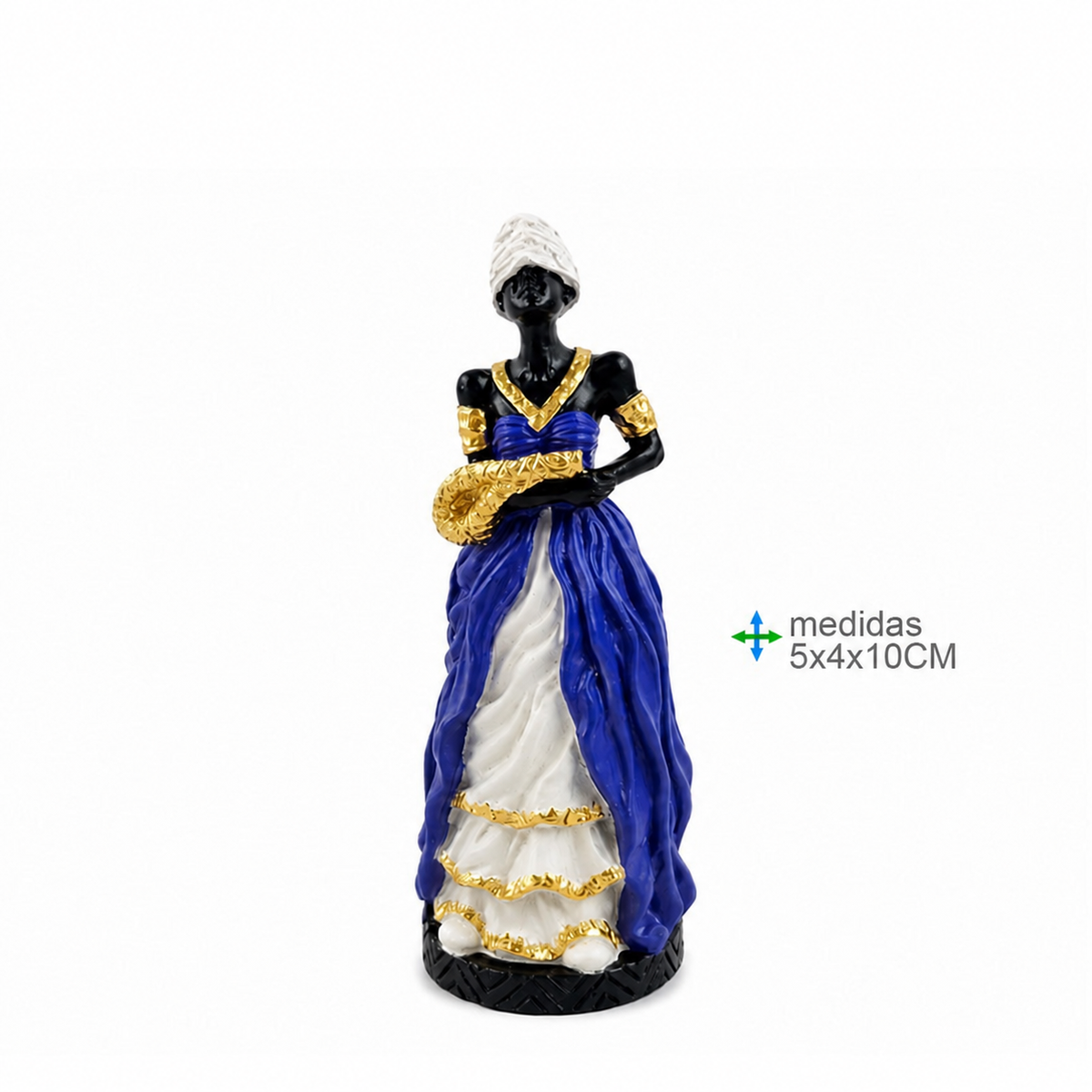 Imagem de Nanã de 10 cm com vestes azuis e brancas, toucado branco, adereço dourado e base redonda preta.