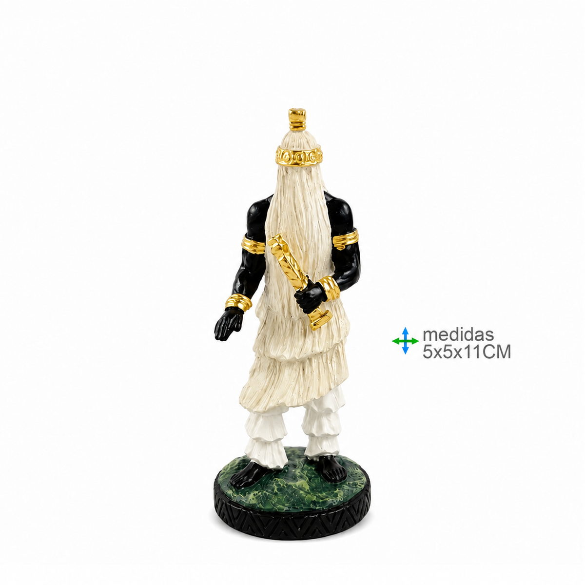 Imagem de Omulu / Obaluaê de 11 cm, com vestes claras, detalhes dourados e base redonda verde e preta.