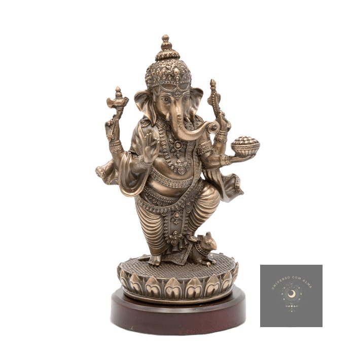 Ganesha en Resina con Efecto Bronce y Base de Madera (Aprox. 14cm) 🐘🌳