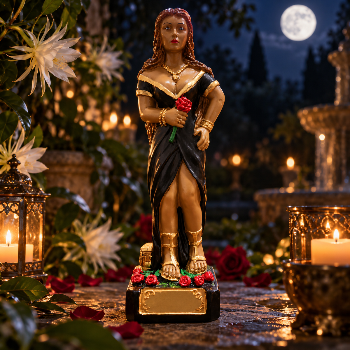 Imagem de Dama da Noite num jardim noturno com flores e velas