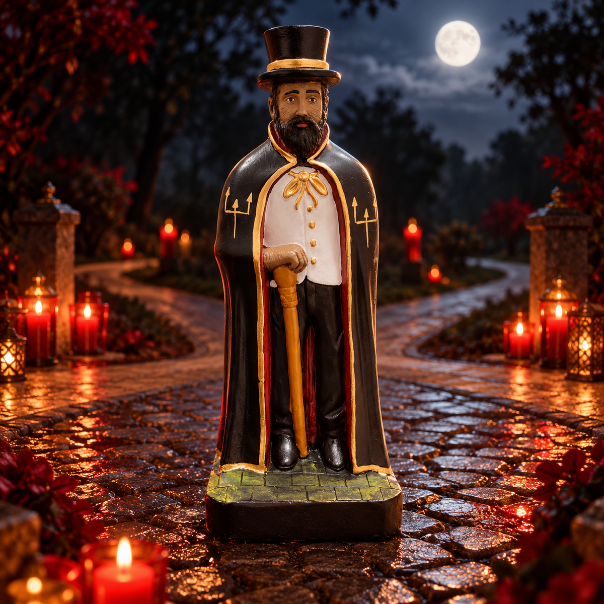 Imagem de Exu Capa Preta da Encruzilhada numa encruzilhada noturna com velas