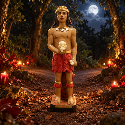 Imagem de Exu Pimenta numa encruzilhada noturna de mata com velas