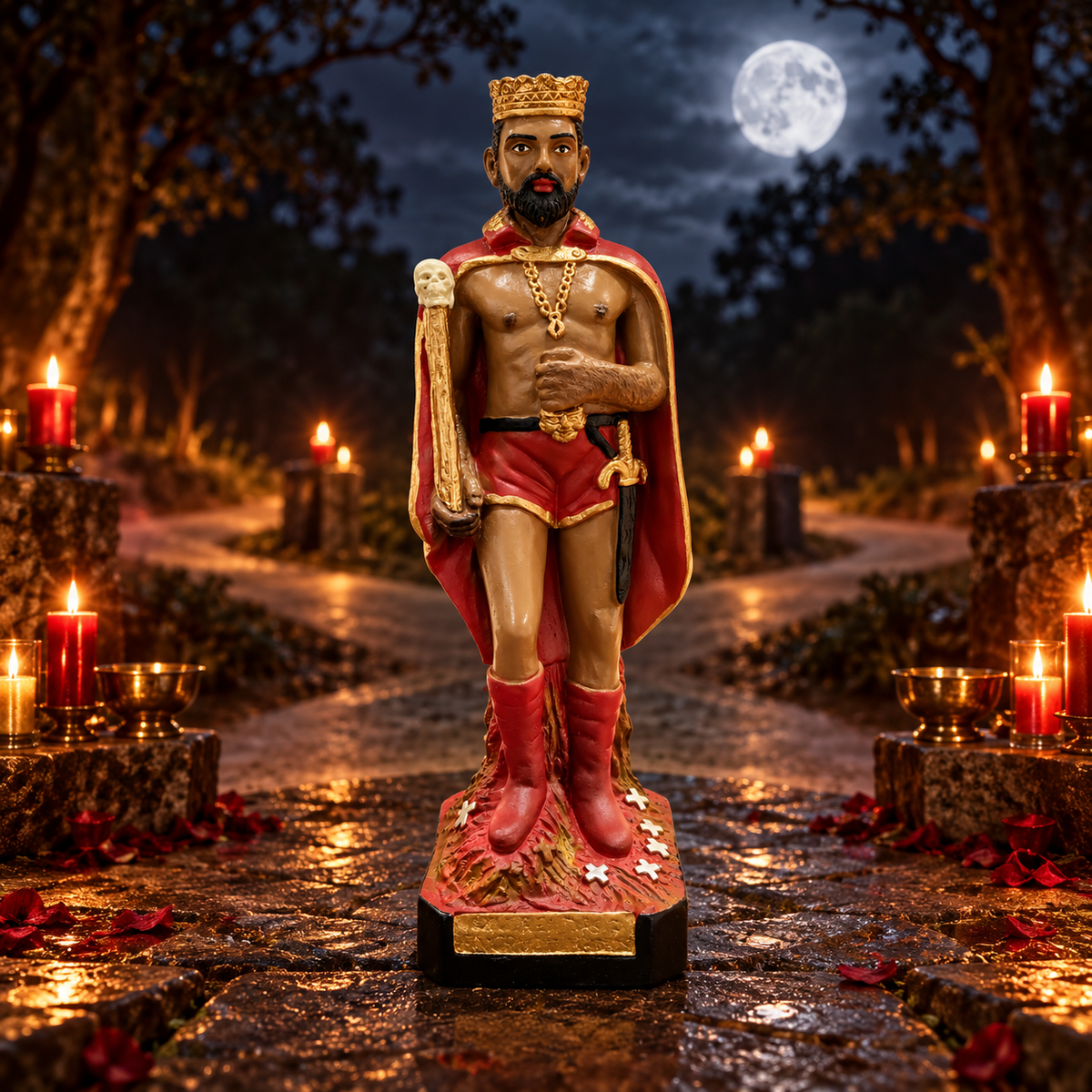 Imagem de Exu Rei das Sete Encruzilhadas numa encruzilhada noturna com velas