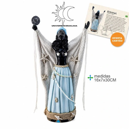 Estátua de Iemanjá em resina com detalhes marítimos, vestido azul claro e rede decorativa, 30 cm