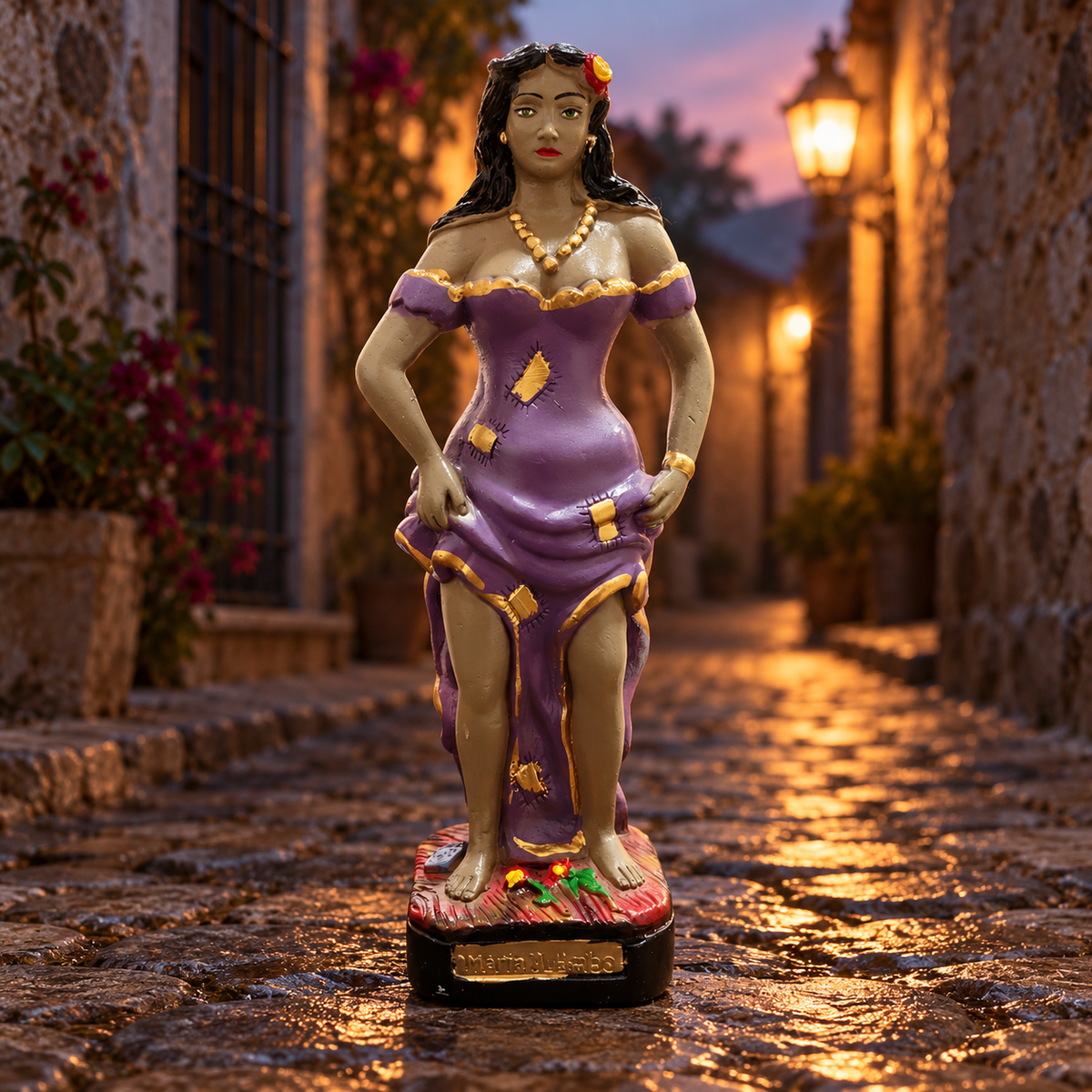 Imagem de Maria Mulambo num cenário de rua antiga iluminada ao entardecer