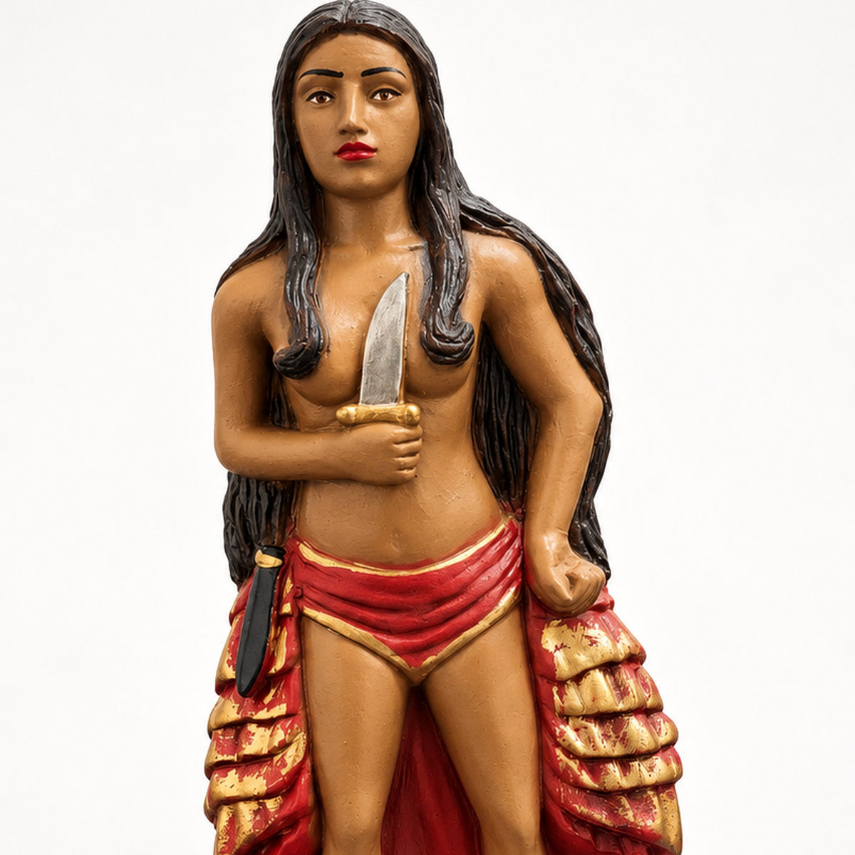 Detalhe da imagem de Maria Quitéria das Calungas, com lâmina e vestes vermelhas