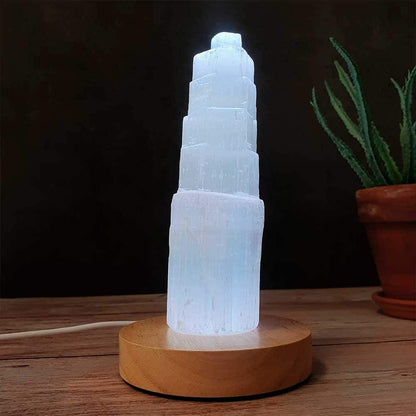 Kit de lampe LED avec base en bois et monolithe de sélénite