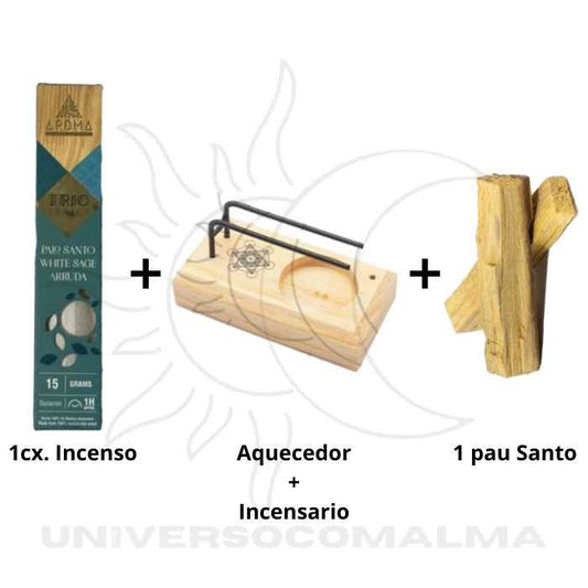 Kit com incenso, aquecedor de madeira e pau santo