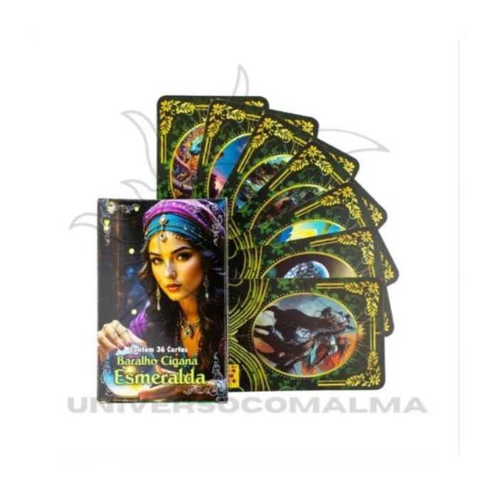 Baralho Cigano Esmeralda com 36 cartas vibrantes em verde e dourado, ideal para a Consulta Baralho Cigano Autêntica - Leitura Espiritual | TUZEP.