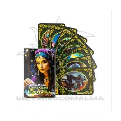 Baralho Cigano Esmeralda com 36 cartas vibrantes em verde e dourado, ideal para a Consulta Baralho Cigano Autêntica - Leitura Espiritual | TUZEP.