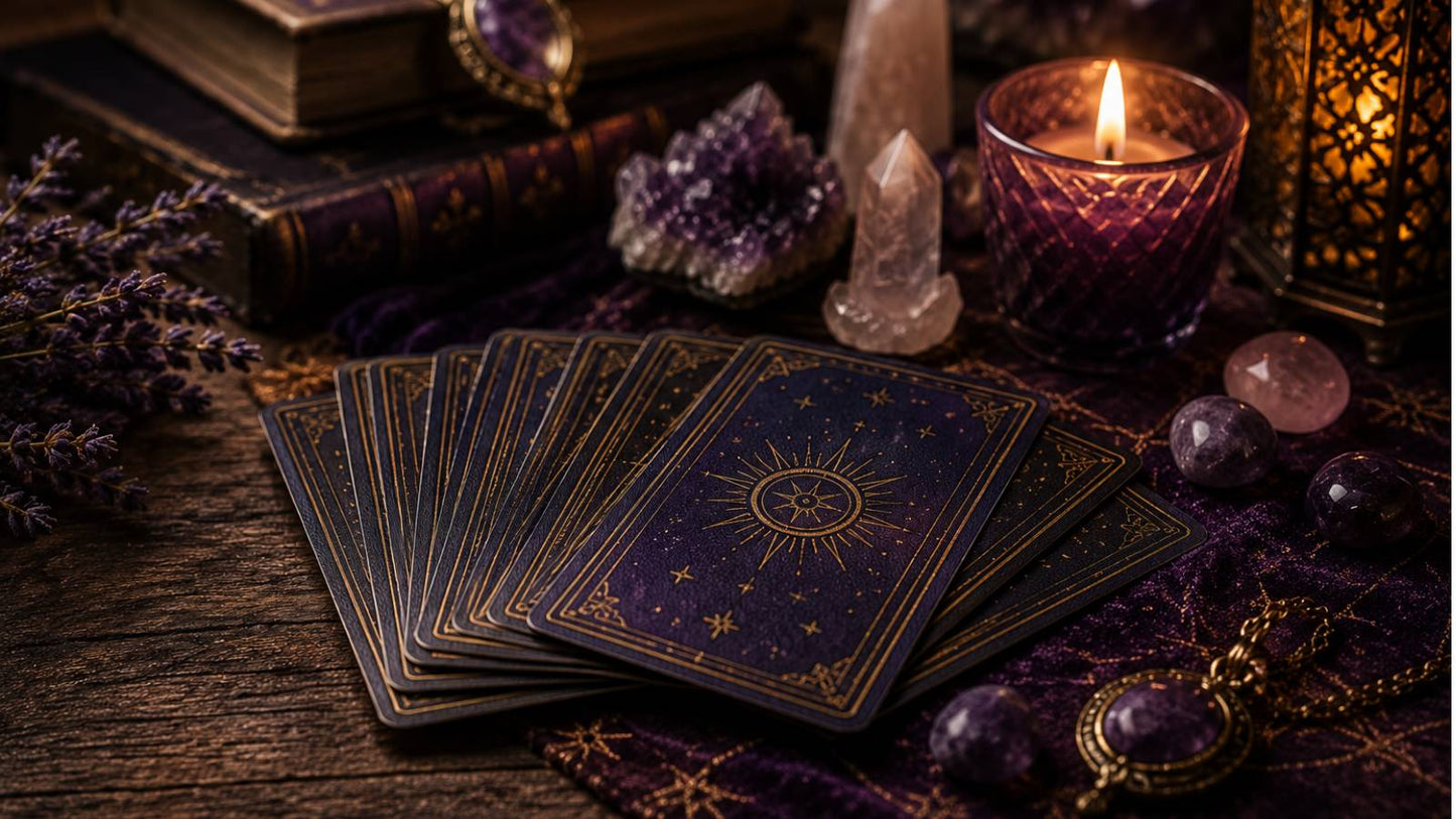 Consulta de Leitura de Tarot em Gondomar com cartas de tarot, cristais e ambiente espiritual para orientação e autoconhecimento.