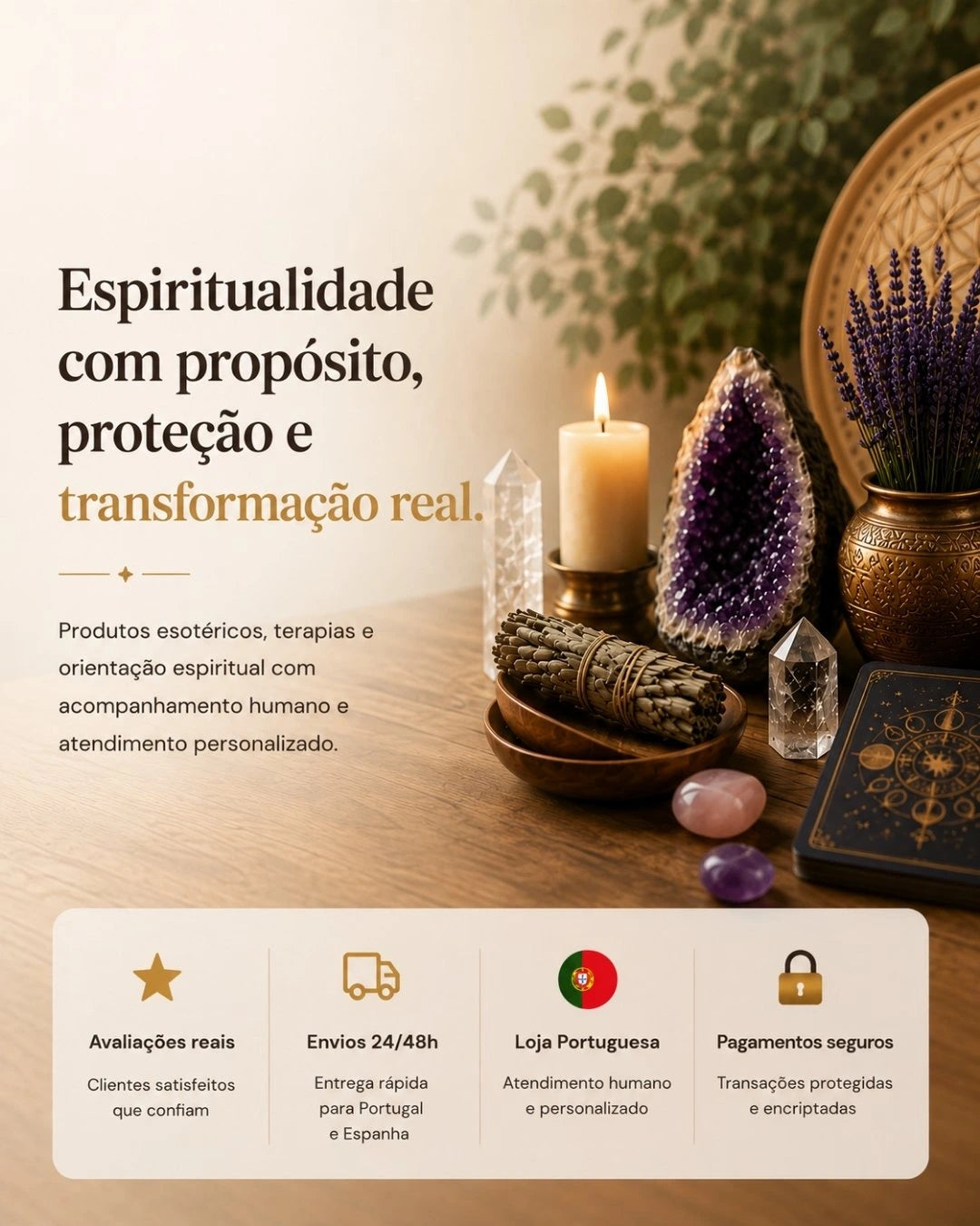 Ambiente espiritual acolhedor com cristais, vela acesa, lavanda e elementos esotéricos em tons quentes, representando proteção, equilíbrio e transformação espiritual.
