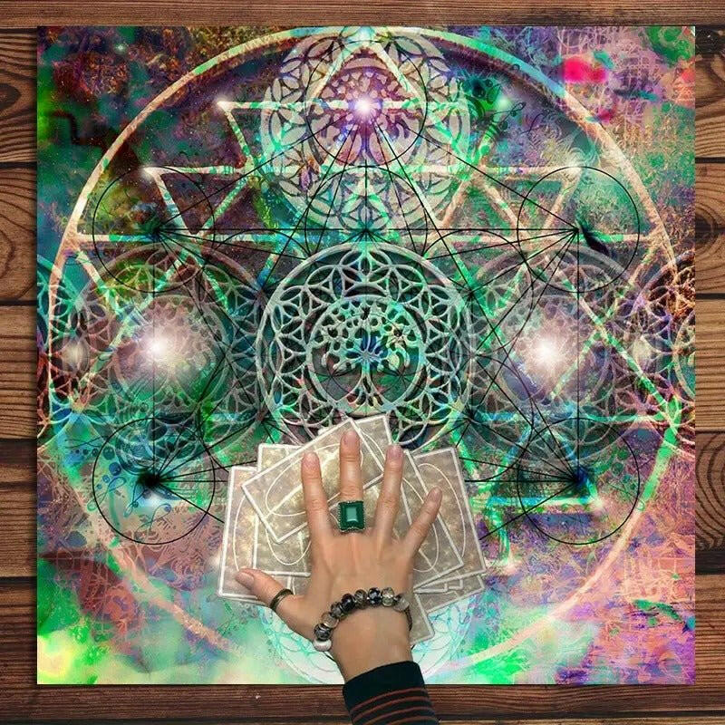 Pano de Tarot com Símbolos de Geometria Sagrada e Árvore da Vida 75x75 cm Universo com Alma