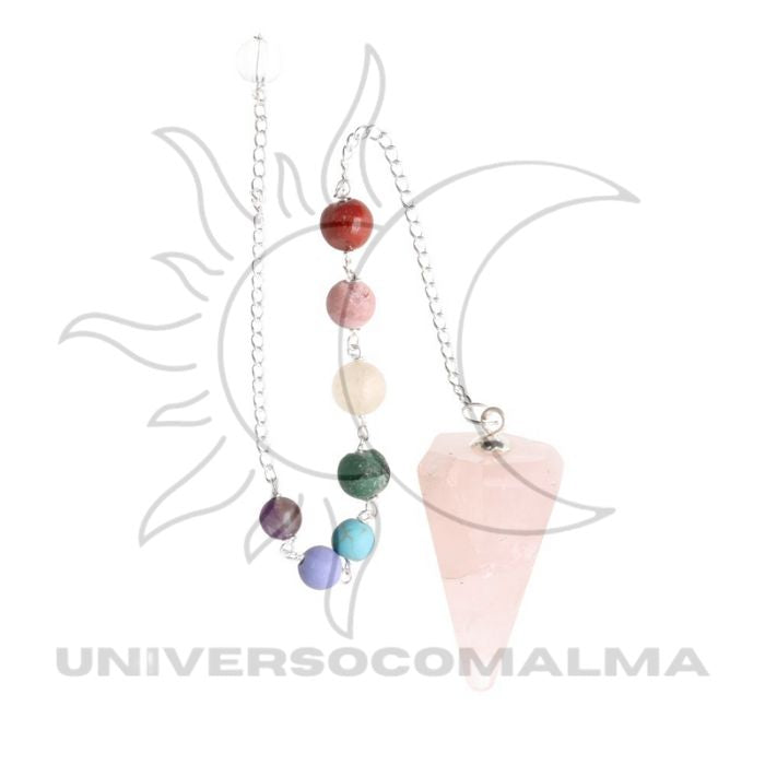 Pêndulo de Quartzo Rosa Facetado com Chakras - Banhado a Prata - Universo com Alma ®