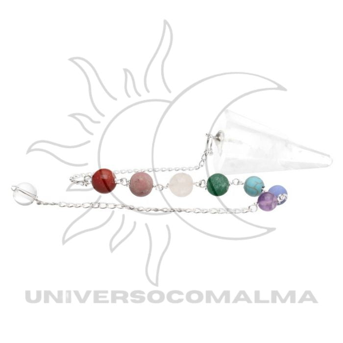 Pêndulo de Quartzo Branco Facetado com Chakras - Banhado a Prata - Universo com Alma ®