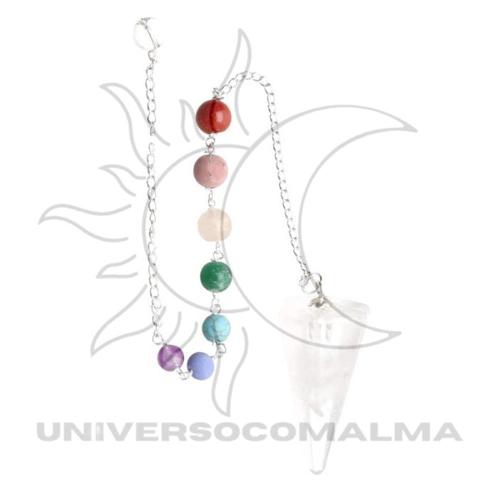 Pêndulo de Quartzo Branco Facetado com Chakras - Banhado a Prata - Universo com Alma ®