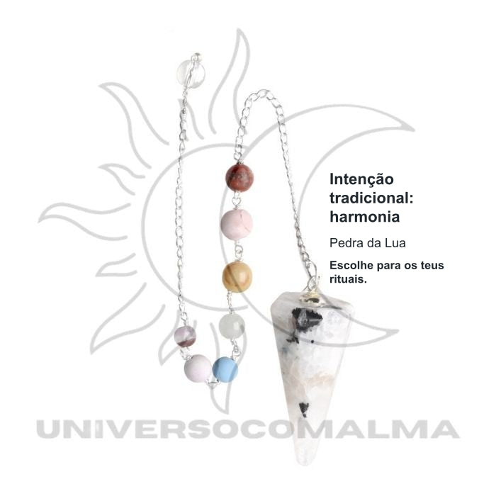 Pêndulo de Pedra da Lua Facetada com Chakras - Banhado a Prata — benefícios, utilização e características