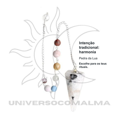 Pêndulo de Pedra da Lua Facetada com Chakras - Banhado a Prata — benefícios, utilização e características