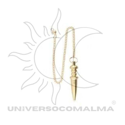 Pêndulo de Ponta de Bronze com corrente dourada, ideal para radiestesia e equilíbrio energético em práticas de meditação e terapia holística.