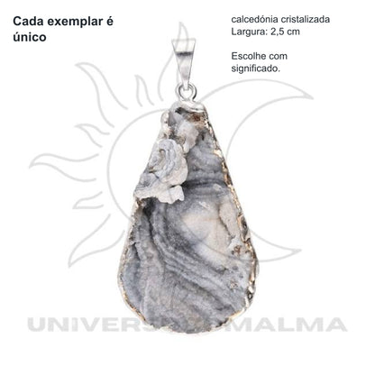Pingente de gota de calcedónia cristalizada com banho de prata - Calmante e Energizante — benefícios, utilização e características