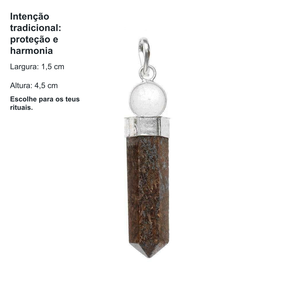 Colar Pendente Ponta de Bronzite com Esfera de Quartzo — benefícios, utilização e características
