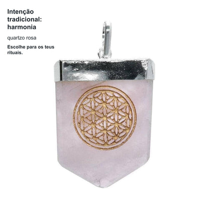 Colar Pendente quartzo rosa c/simbolo Flor da Vida - topo em Banho de Prata — benefícios, utilização e características
