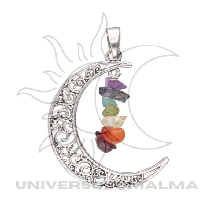 Pingente Lua com Minerais dos Chakras em Banho de Prata - Universo com Alma ®