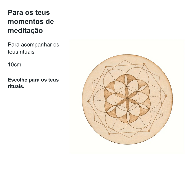 Placa de Pêndulo em Madeira - Mandala de Cristais Hexagonal (10cm) — benefícios, utilização e características