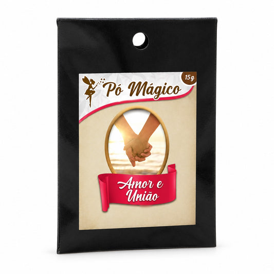 Embalagem preta de Pó Mágico Amor e União de 15 g, com rótulo creme e vermelho, sobre fundo branco.