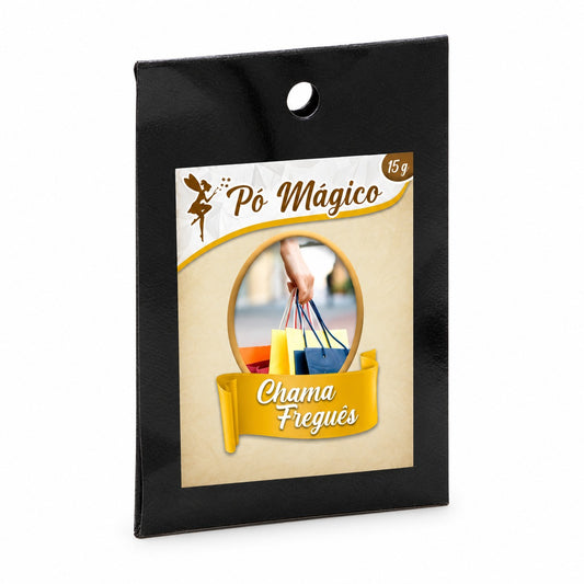 Embalagem preta de Pó Mágico Chama Freguês de 15 g, com rótulo creme e dourado, sobre fundo branco.