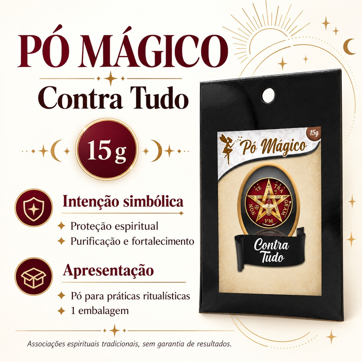 Ficha visual do Pó Mágico Contra Tudo com peso de 15 g, apresentação e intenção simbólica.