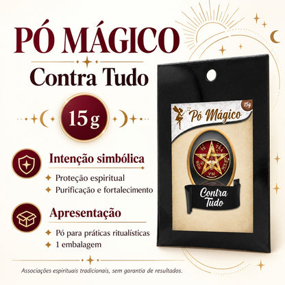 Ficha visual do Pó Mágico Contra Tudo com peso de 15 g, apresentação e intenção simbólica.