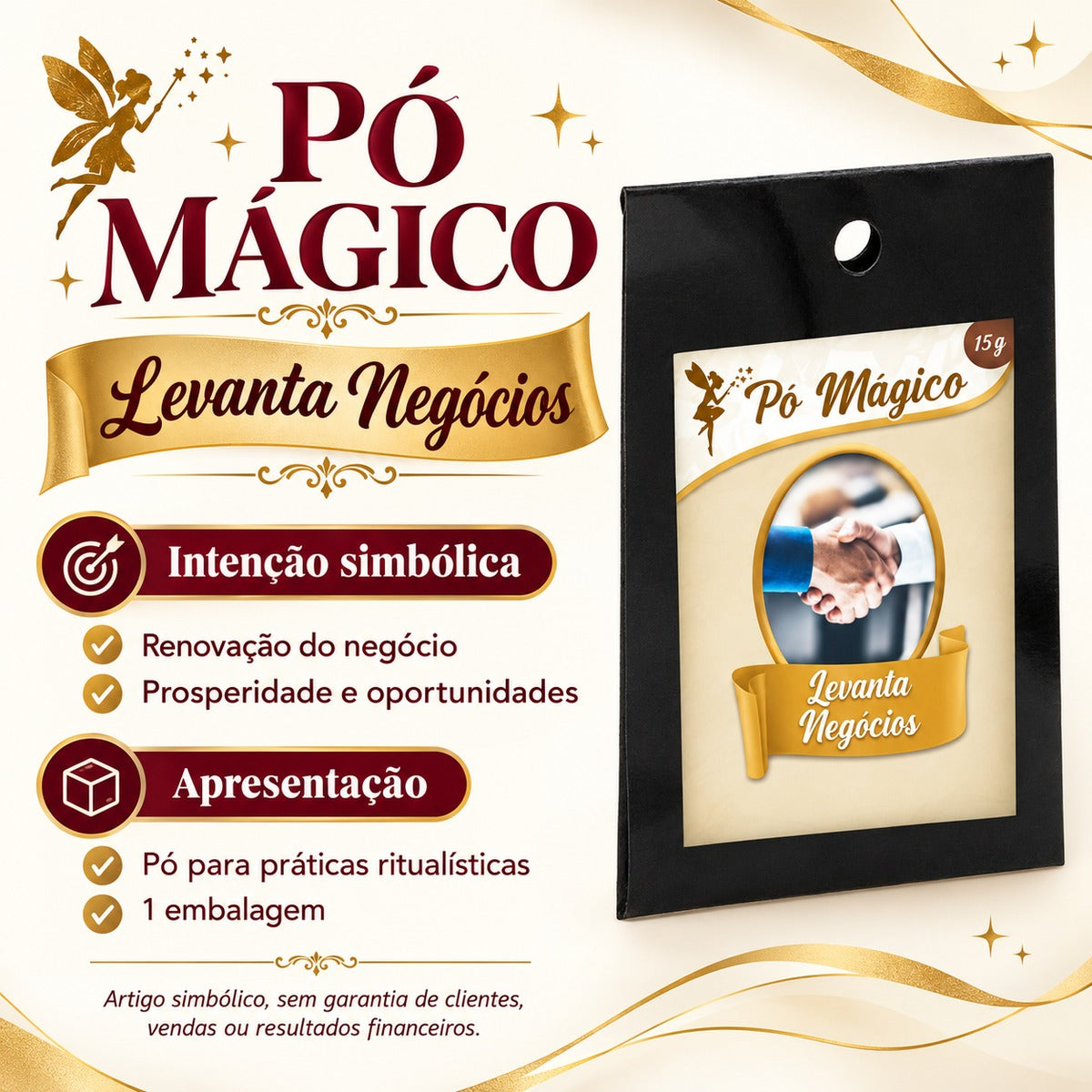 Ficha visual do Pó Mágico Levanta Negócios com apresentação e intenção simbólica.