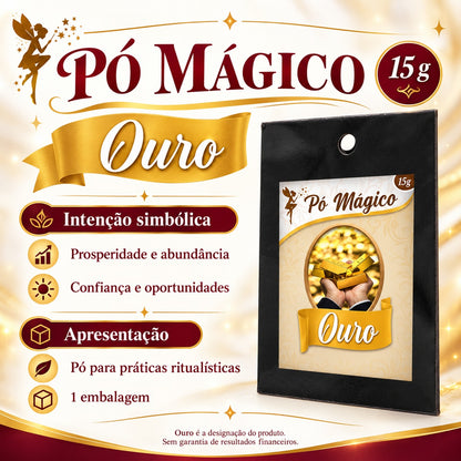 Ficha visual do Pó Mágico Ouro com peso de 15 g, apresentação e intenção simbólica.