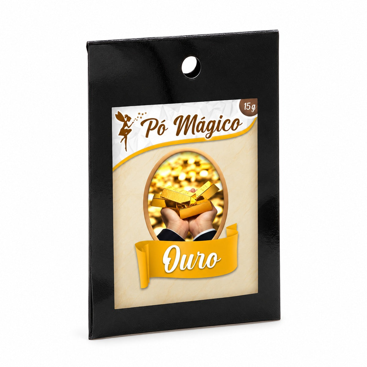 Embalagem preta de Pó Mágico Ouro de 15 g, com rótulo creme e dourado, sobre fundo branco.