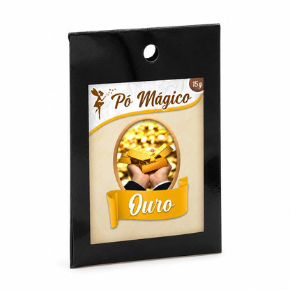 Embalagem preta de Pó Mágico Ouro de 15 g, com rótulo creme e dourado, sobre fundo branco.