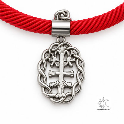 Detalhe da medalha prateada da Cruz de Caravaca e do cordão vermelho entrançado