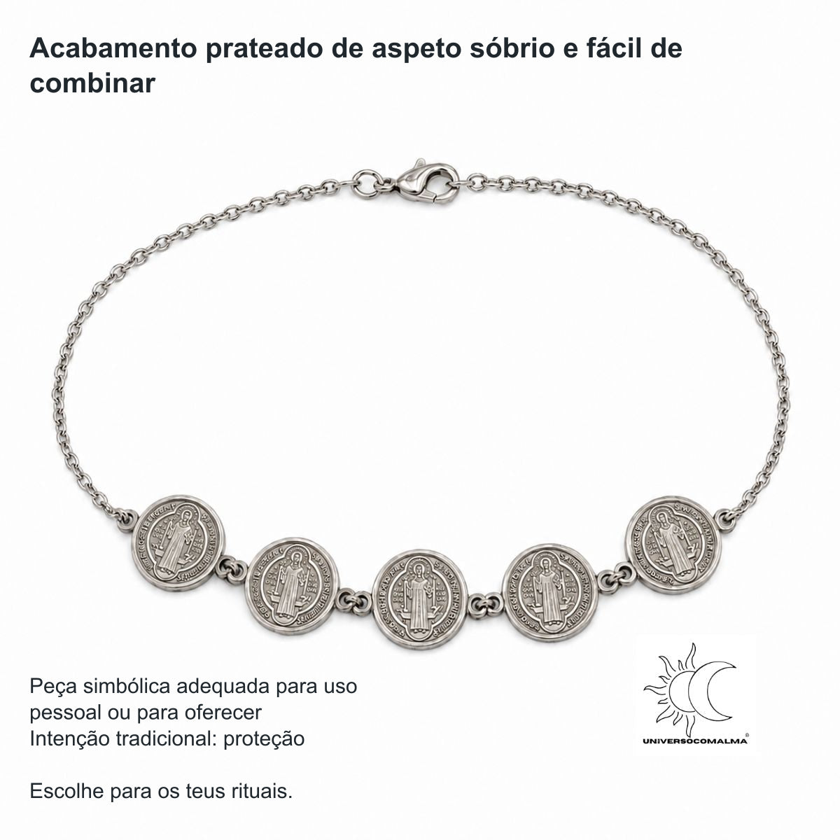Pulseira de São Bento em aço prateado – 5 medalhas — benefícios, utilização e características