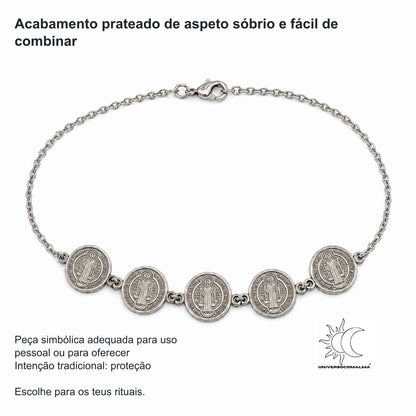 Pulseira de São Bento em aço prateado – 5 medalhas — benefícios, utilização e características