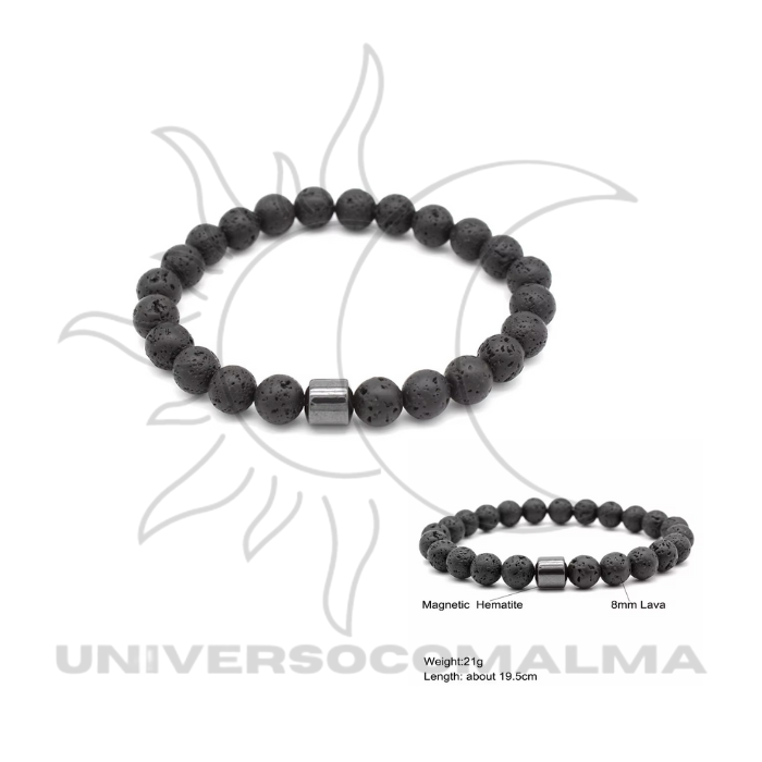 Pulseira de Pedra Vulcânica Natural e Hematita