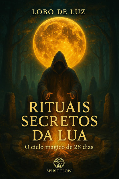 Capa do livro Rituais Secretos da Lua – O ciclo mágico de 28 dias, de Lobo de Luz, com figura encapuzada diante de uma lua cheia em floresta, obra sobre rituais lunares e práticas espirituais.