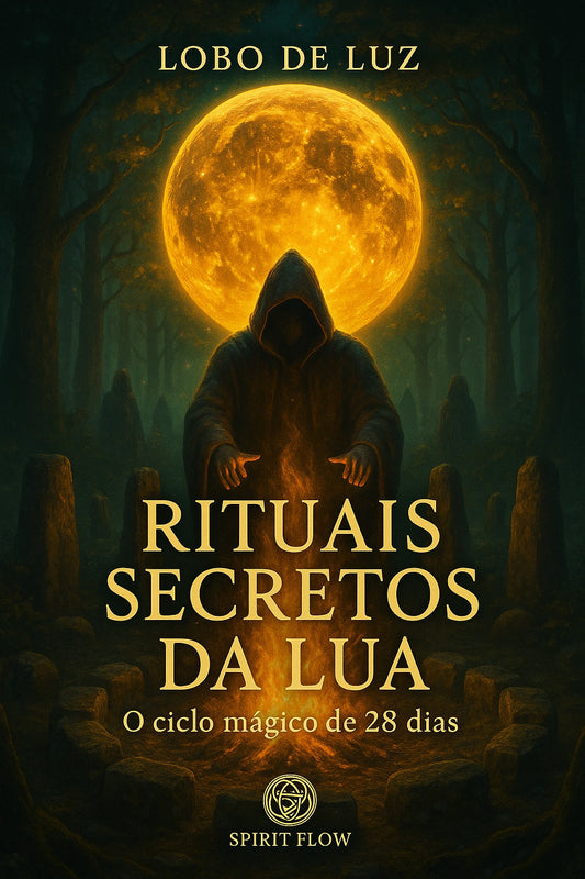 Capa do livro Rituais Secretos da Lua – O ciclo mágico de 28 dias, de Lobo de Luz, com figura encapuzada diante de uma lua cheia em floresta, obra sobre rituais lunares e práticas espirituais.