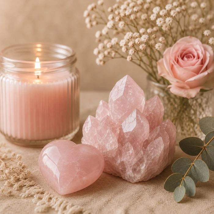 Ritual espiritual do amor com quartzo rosa, vela aromática e rosas para equilíbrio emocional, atração amorosa e harmonização energética.