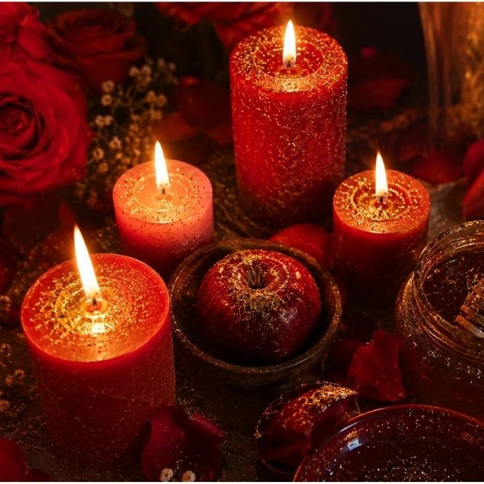 Velas vermelhas acesas com rosas, maçã vermelha, mel e brilho dourado num ambiente espiritual acolhedor e ritualístico ligado ao amor e harmonização energética.
