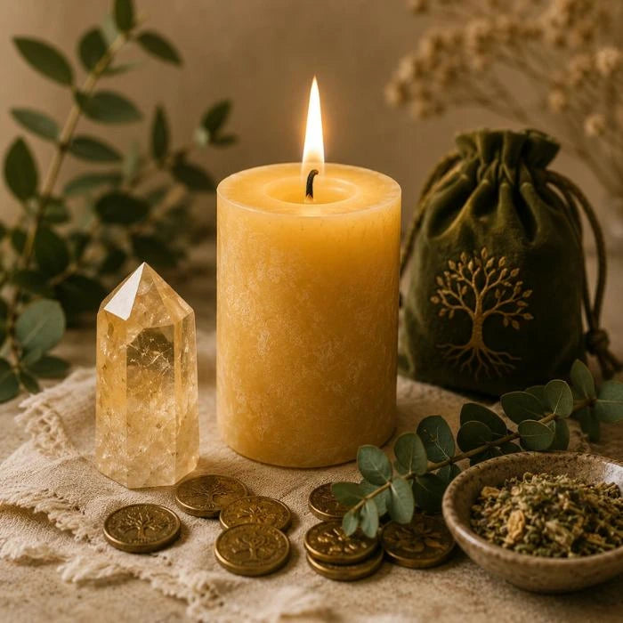 Vela ritual de prosperidade com cristal citrino, moedas e ervas espirituais para abundância e desbloqueio energético.