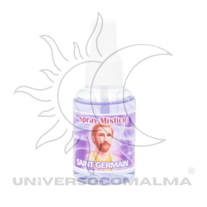 Frasco de spray com rótulo lilás e imagem espiritual
