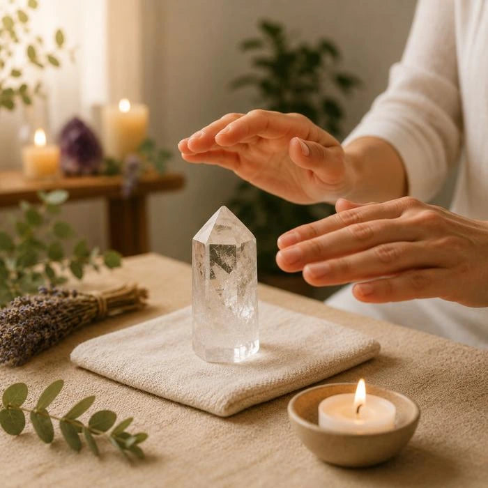 Terapia energética com cristal de quartzo e harmonização espiritual em ambiente de equilíbrio, relaxamento e bem-estar.